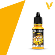 Vallejo Model Air: Medium Yellow (18ml) - Small clear plastic bottle with black cap, labeled Vallejo Model Air Medium Yellow paint, vibrant yellow color visible.