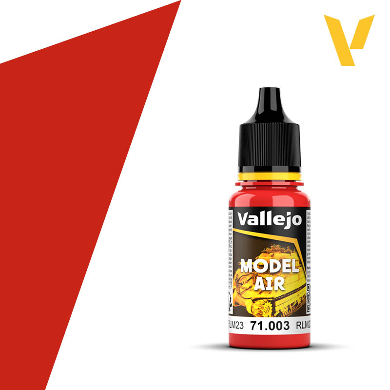Vallejo Model Air: Red RLM23 (18ml) - 18ml bottle of Vallejo Model Air acrylic paint in bright red with black cap and label detailing RLM23 color code.