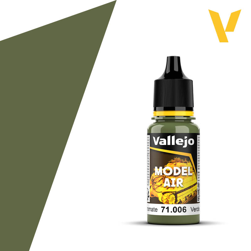 Vallejo Model Air: Light Green Chromate (18ml) - Small plastic bottle of Vallejo Model Air paint in light green chromate with black twist cap and colorful label.