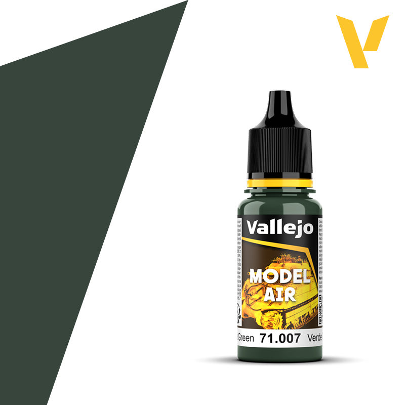 Vallejo Model Air: Olive Green (18ml) - Small clear plastic bottle with black screw cap, labeled Vallejo Model Air olive green paint, 18ml volume.