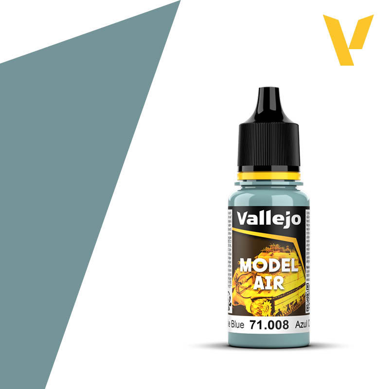 Vallejo Model Air: Pale Blue (18ml) - Small clear plastic bottle with black nozzle cap, labeled Vallejo Model Air Pale Blue acrylic paint.