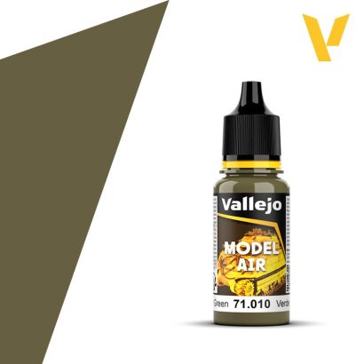 Vallejo Model Air: Interior Green (18ml) - Small bottle of Vallejo Model Air paint in interior green with black dropper cap and yellow label accents.