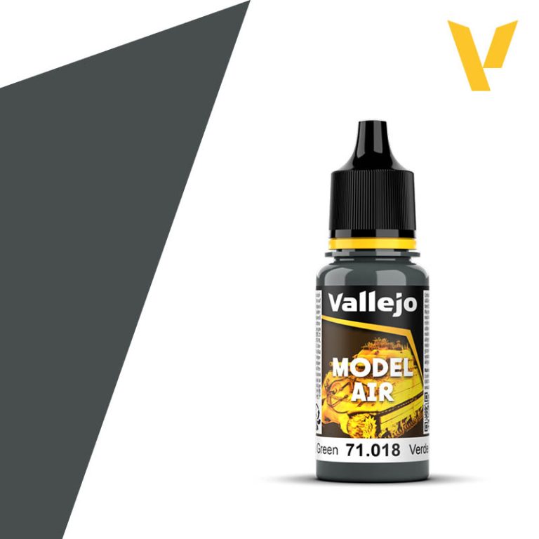 Vallejo Model Air: Black Green (18ml) - 18ml Vallejo Model Air paint bottle in black green with black cap and yellow label accents.