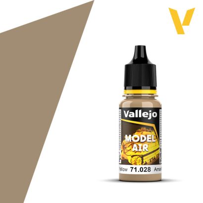 Vallejo Model Air: Sand Yellow (18ml) - Small transparent plastic bottle of Vallejo Model Air Sand Yellow paint with black dropper cap and yellow label accents.