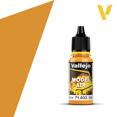 Vallejo Model Air: Yellow Ochre (18ml) - Small clear plastic bottle with black dropper cap, labeled Vallejo Model Air paint in yellow ochre color.