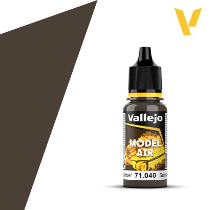 Vallejo Model Air: Burnt Umber (18ml) - 18ml bottle of Vallejo Model Air paint in burnt umber brown with black twist cap and yellow label accents.