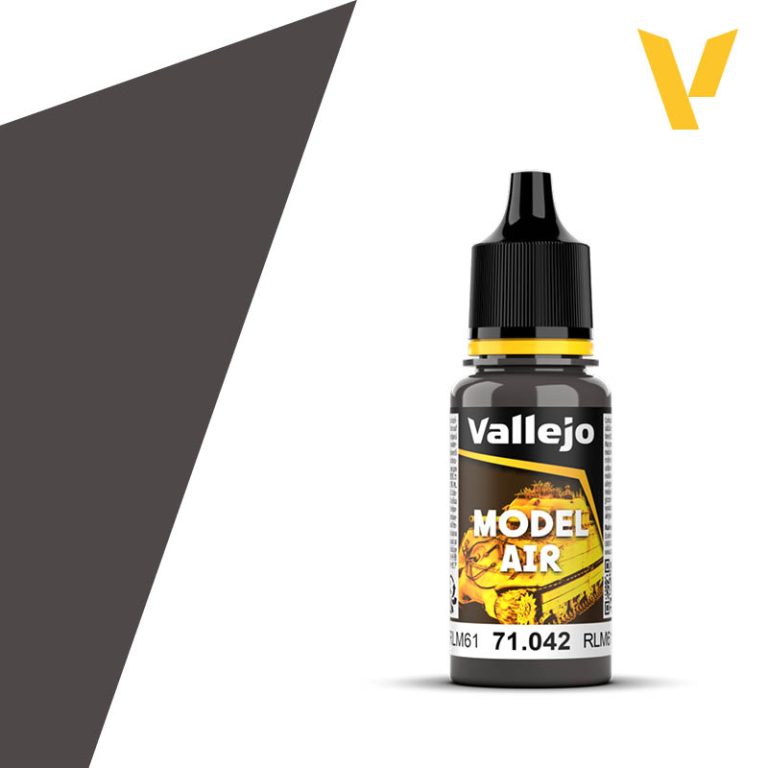 Vallejo Model Air: Dark Brown RLM61 (18ml) - 18ml clear plastic bottle of Vallejo Model Air dark brown paint with black dropper cap and yellow accents.