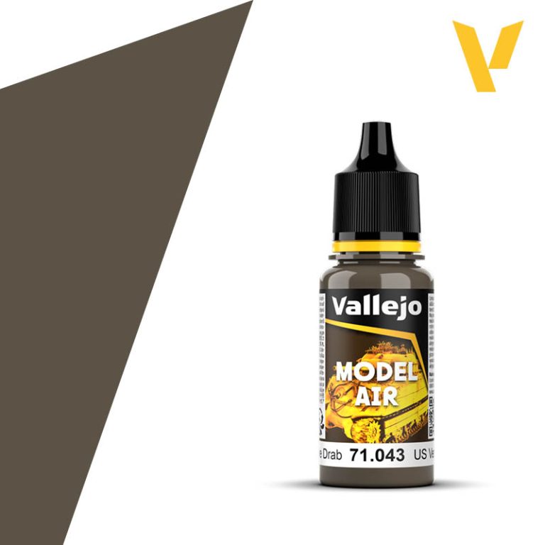 Vallejo Model Air: US Olive Drab (18ml) - 18ml bottle of Vallejo Model Air paint in US Olive Drab green with black cap and yellow label accents.