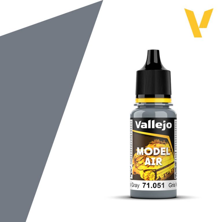 Vallejo Model Air: Neutral Gray (18ml) - 18ml Vallejo Model Air paint bottle in neutral gray with black nozzle and yellow label accents.