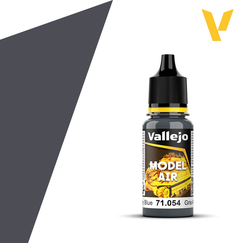 Vallejo Model Air: Dark Grey Blue (18ml) - 18ml Vallejo Model Air paint bottle in dark grey blue with black dropper cap and yellow label accent.