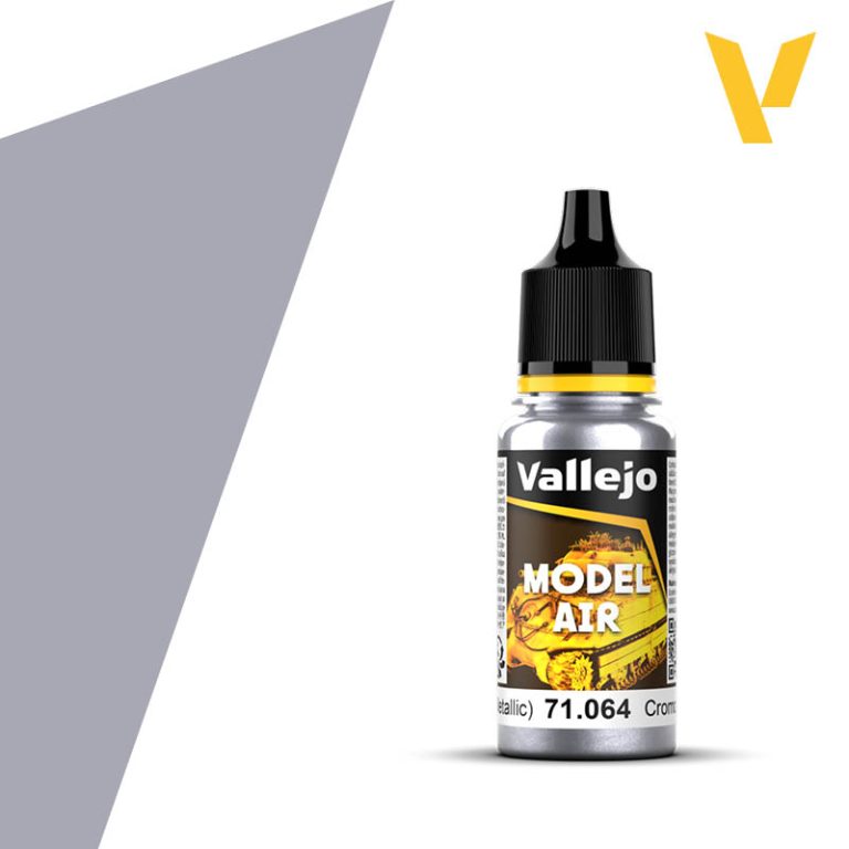 Vallejo Model Air: Chrome (Metallic) 18ml - Small transparent plastic bottle with a black nozzle cap, labeled Vallejo Model Air Chrome metallic paint.