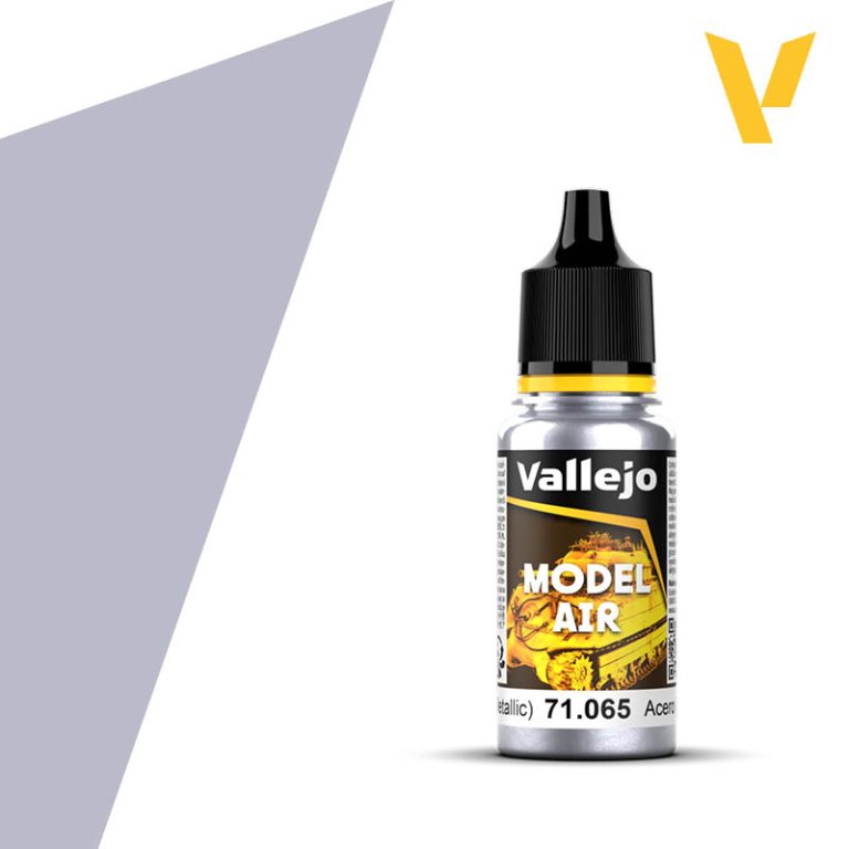 Vallejo Model Air: Steel (Metallic) 18ml - 18ml clear plastic bottle of Vallejo Model Air metallic steel acrylic paint with black cap and yellow label accents.