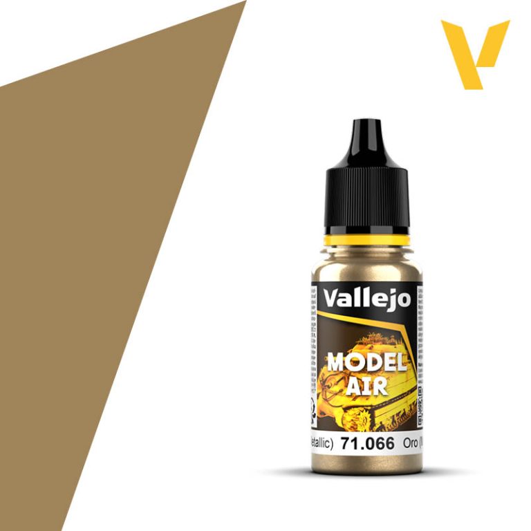 Vallejo Model Air: Gold (Metallic) 18ml - Small clear plastic bottle of metallic gold Vallejo Model Air paint with black twist cap and detailed label showing product.
