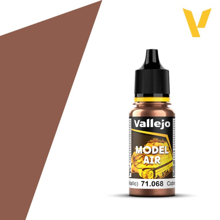 Vallejo Model Air: Copper (Metallic) 18ml - 18ml Vallejo Model Air metallic copper acrylic paint bottle with black cap and yellow label accents.