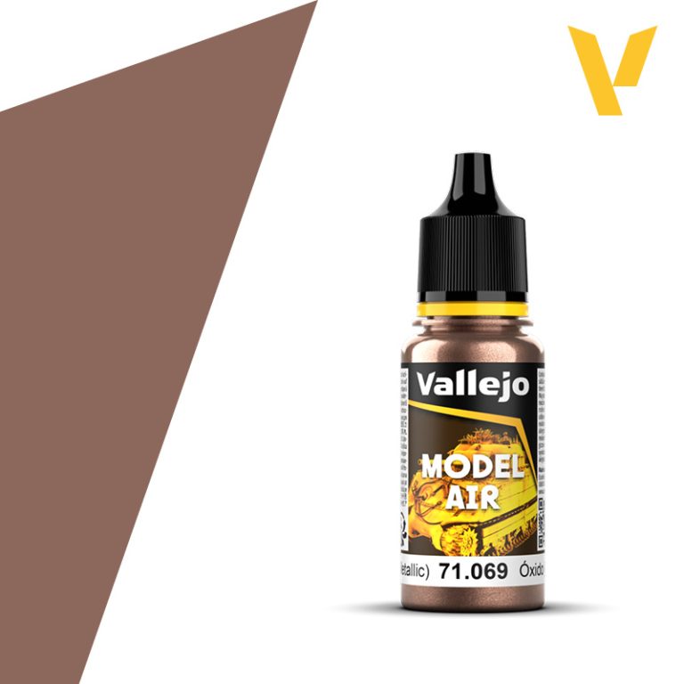 Vallejo Model Air: Rust (Metallic) 18ml - 18ml bottle of Vallejo Model Air Rust metallic paint with black and yellow cap and label, next to rust-colored paint swatch.