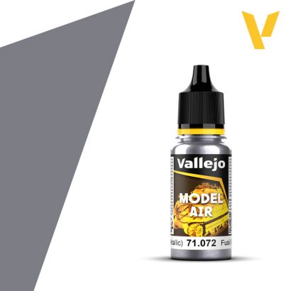 Vallejo Model Air: Gun Metal (Metallic) 18ml - Small clear plastic bottle with black cap and yellow label stating Vallejo Model Air Gun Metal metallic paint.