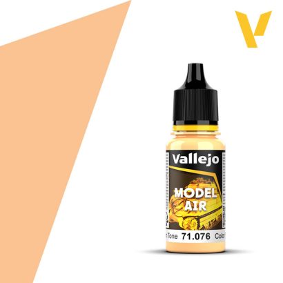 Vallejo Model Air: Skin Tone (18ml) - Small transparent dropper bottle with black cap, labeled Vallejo Model Air Skin Tone paint, pale peach color swatch behind.