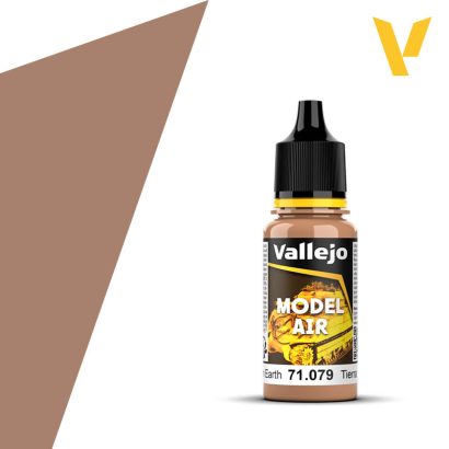 Vallejo Model Air: Tan Earth (18ml) - 18ml bottle of Vallejo Model Air paint in a tan earth color with black dropper cap.