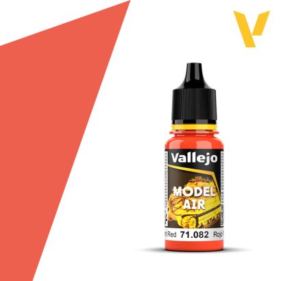 Vallejo Model Air: Fluorescent Red (18ml) - Small bottle of fluorescent red Vallejo Model Air paint with black cap and yellow label accents.
