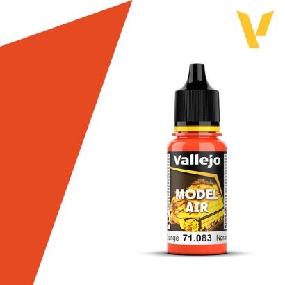 Vallejo Model Air: Orange (18ml) - Small plastic bottle with black cap, filled with bright orange Vallejo Model Air paint labeled 18ml and 71.083.