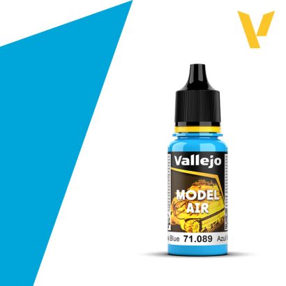 Vallejo Model Air: Light Sea Blue (18ml) - Small plastic bottle of Vallejo Model Air paint in light sea blue with black nozzle cap and colorful label.