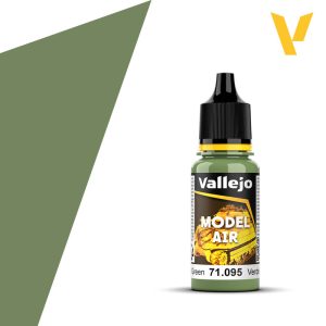 Vallejo Model Air: Pale Green (18ml) - Small transparent plastic bottle with a black screw cap filled with pale green paint labeled Vallejo Model Air 71.095.