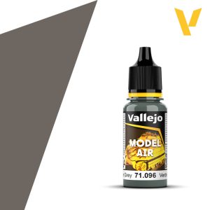 Vallejo Model Air: Olive Grey (18ml) - 18ml Vallejo Model Air paint bottle in muted olive grey with black nozzle and yellow accents.