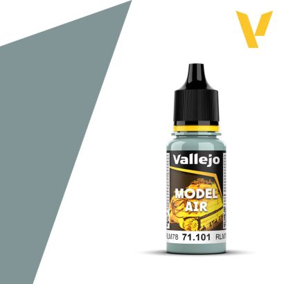 Vallejo Model Air: Light Blue RLM78 (18ml) - 18ml Vallejo Model Air paint bottle in light blue with black dropper cap and yellow label accents.