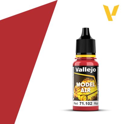 Vallejo Model Air: Red 102 (18ml) - Small clear plastic bottle with red paint inside, black twist cap, Vallejo Model Air label with yellow and black design.