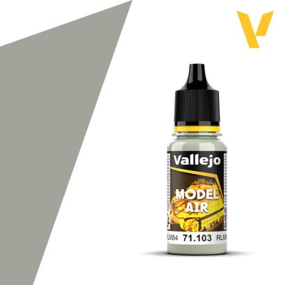 Vallejo Model Air: Gray Blue RLM84 (18ml) - 18ml Vallejo Model Air gray-blue paint bottle with black cap and yellow label accents.