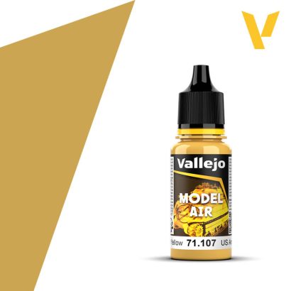 Vallejo Model Air: US Interior Yellow (18ml) - Small plastic bottle of Vallejo Model Air yellow paint with black dropper cap and label showing paint name and color swatch.