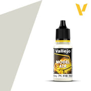 Vallejo Model Air: White Gray (18ml) - 18ml clear plastic bottle of Vallejo Model Air paint in white gray with black screw cap and colorful label.