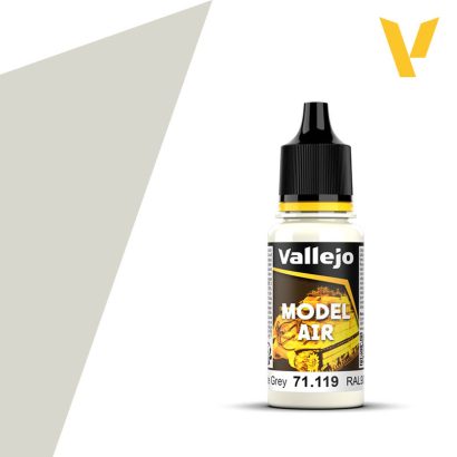 Vallejo Model Air: White Gray (18ml) - 18ml clear plastic bottle of Vallejo Model Air paint in white gray with black screw cap and colorful label.