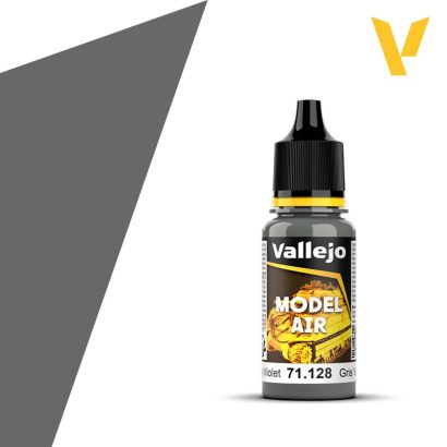 Vallejo Model Air: Gray Violet (18ml) - Small transparent plastic bottle with black dropper cap, labeled Vallejo Model Air paint in gray violet color, 18ml capacity.