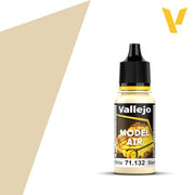 Vallejo Model Air: Aged White (18ml) - Small transparent plastic bottle of Vallejo Model Air paint in aged white with black twist cap and colorful label.