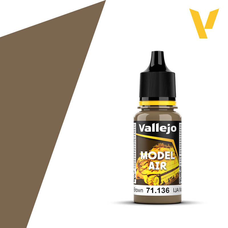 Vallejo Model Air: IJA Earth Brown (18m) - Vallejo Model Air paint bottle in earth brown with black dropper cap and yellow accent on label.
