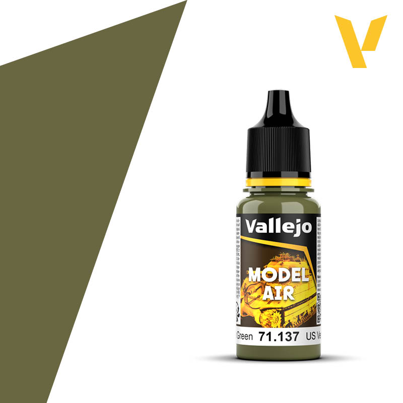 Vallejo Model Air: US Light Green (18m) - Small plastic bottle of Vallejo Model Air paint in US Light Green, featuring a black dropper cap and a label with yellow and