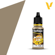 Vallejo Model Air: US Sand (18m) - Small plastic bottle of Vallejo Model Air paint in muted US Sand color with black cap and yellow accents.