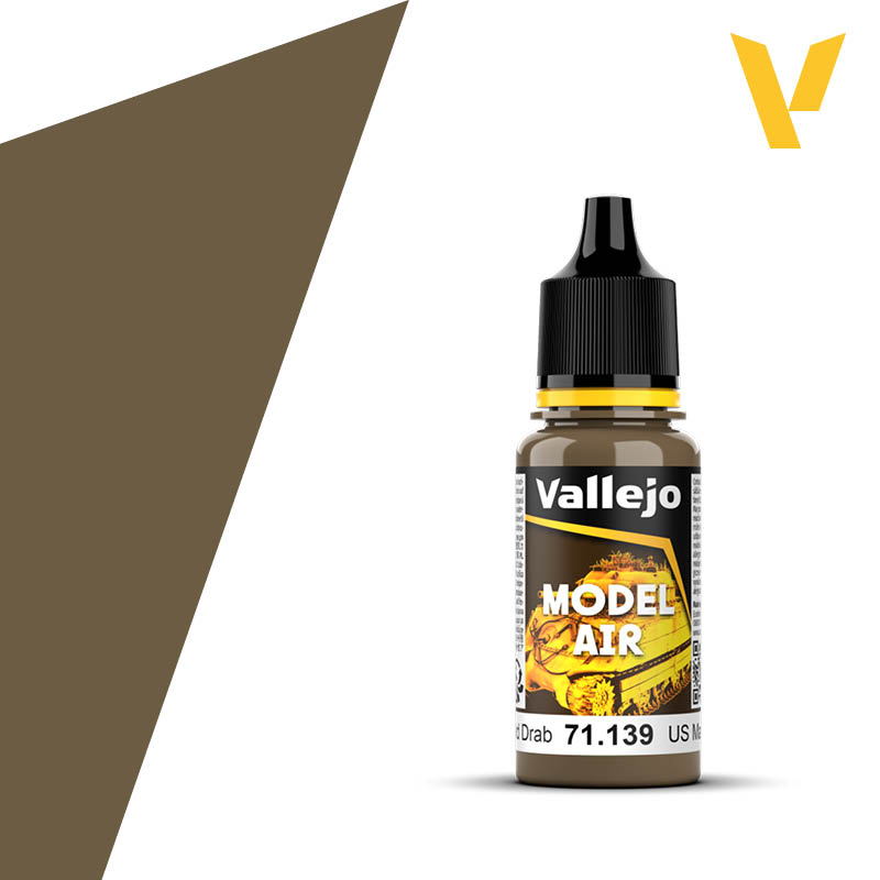 Vallejo Model Air: US Field Drab (18m) - Small plastic bottle of Vallejo Model Air paint in US Field Drab color with black cap and yellow accents.