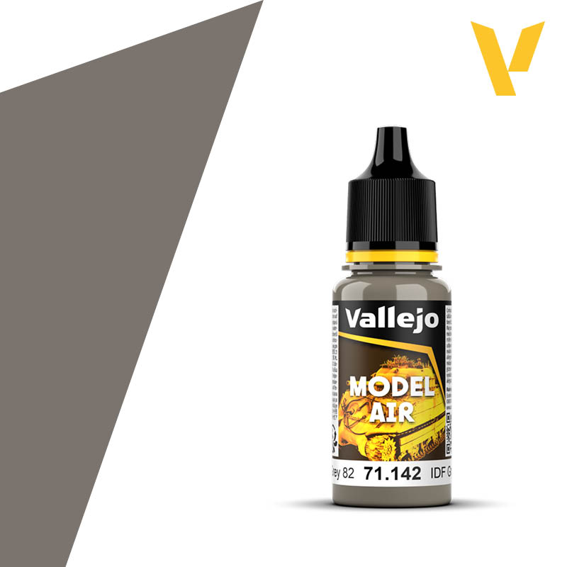 Vallejo Model Air: IDF Sinai Grey 82 (18m) - Small bottle of Vallejo Model Air paint in matte IDF Sinai Grey with black cap and yellow label accents.
