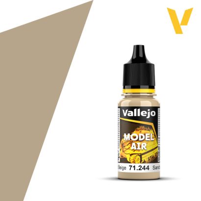 Vallejo Model Air: Sand Beige (18ml) - Small cylindrical plastic bottle of beige acrylic paint with black cap and yellow label detailing Vallejo Model Air brand.
