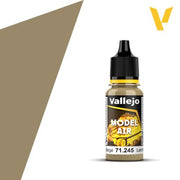 Vallejo Model Air: Loam Beige (18m) - Small plastic bottle of Vallejo Model Air Loam Beige paint with black dropper cap and yellow label accents.