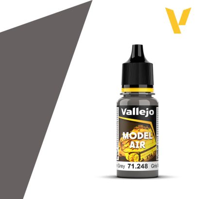 Vallejo Model Air: Brown Grey (18m) - Small bottle of Vallejo Model Air paint in brown grey with black cap and yellow label accents.