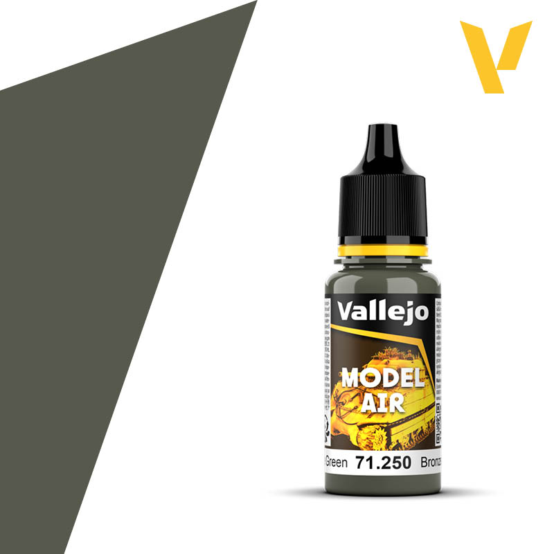 Vallejo Model Air: Bronze Green (18m) - Small bottle of Vallejo Model Air paint in muted bronze green with black cap and yellow label accents.