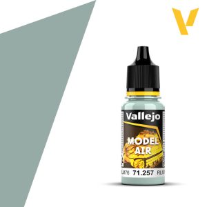 Vallejo Model Air: Light Blue RLM76 (18m) - Small cylindrical bottle of Vallejo Model Air paint in light blue with black dropper cap and yellow label accents.
