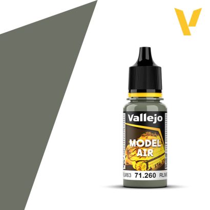 Vallejo Model Air: Light Gray RLM63 (18m) - Small plastic bottle of Vallejo Model Air light gray RLM63 paint with black nozzle cap and yellow label accents.