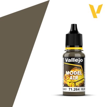 Vallejo Model Air: Brown Violet RLM81 (18m) - Small plastic bottle of Vallejo Model Air paint in Brown Violet RLM81 with black cap and yellow label accents.