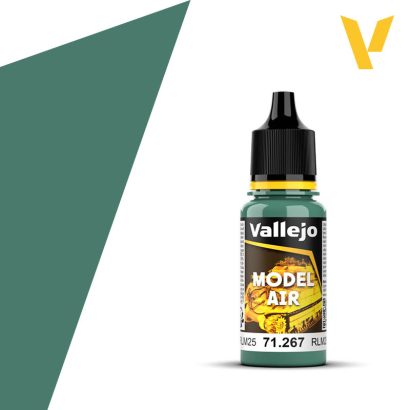 Vallejo Model Air: Light Green RLM25 (18m) - Small plastic bottle of Vallejo Model Air paint in muted light green with black nozzle cap and detailed label.