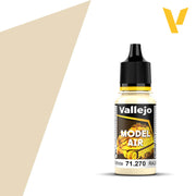 Vallejo Model Air: Off-White (18m) - Small clear plastic bottle with black cap containing off-white Vallejo Model Air paint, labeled with yellow and white text.