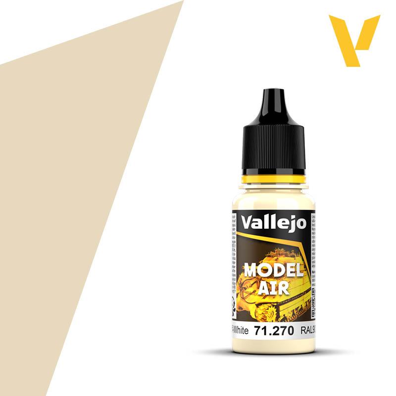 Vallejo Model Air: Off-White (18m) - Small clear plastic bottle with black cap containing off-white Vallejo Model Air paint, labeled with yellow and white text.
